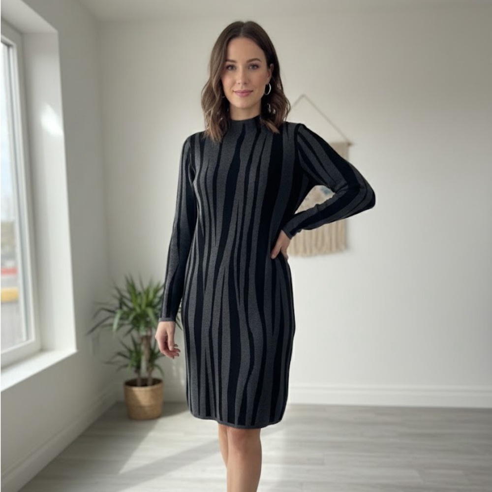 TRIBAL Jeans Black and Gray Striped Sweater Dress